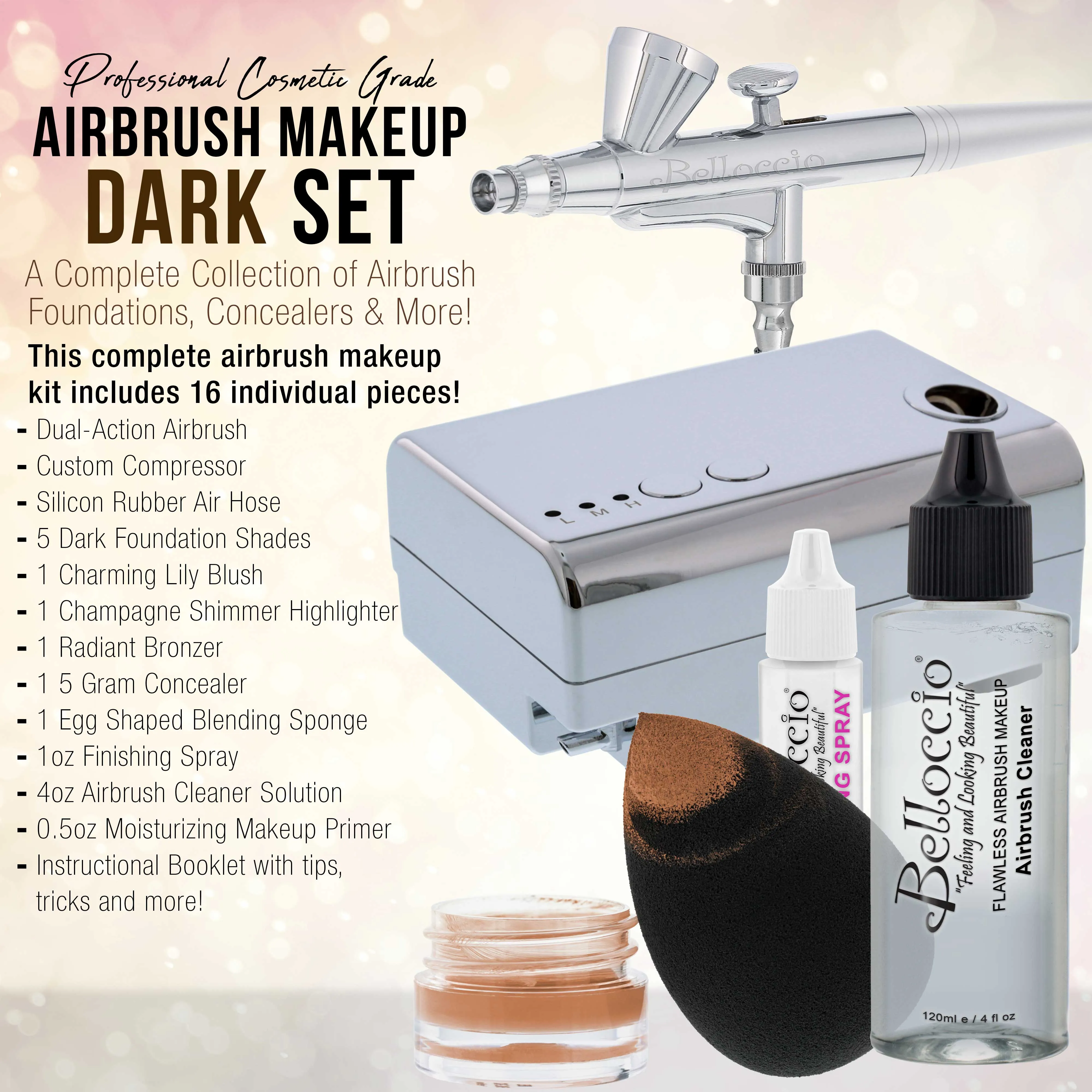 Belloccio Professional Beauty Airbrush Cosmetic Makeup System with 5 Dark Shades of Foundation in 1/4 oz Bottles