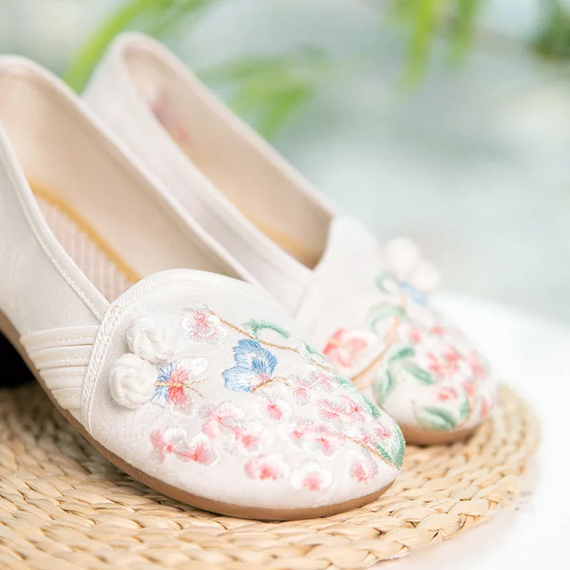 Delicate Butterfly and Pink Peach Blossom Embroidered Shoes