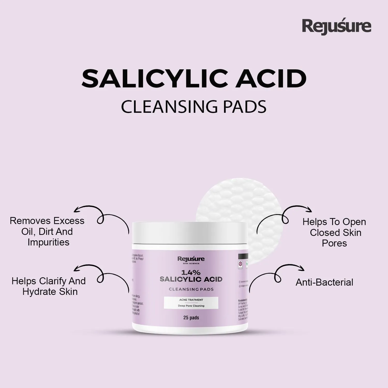 Rejusure 1.4% Salicylic Acid Cleansing Pads with Salicylic Acid & Menthol - Acne Treatment & Deep Pore Cleaning | Reduce Blackheads & Excess Oil | Acne Prone & Oily Skin | Women & Men | - 25 Pads