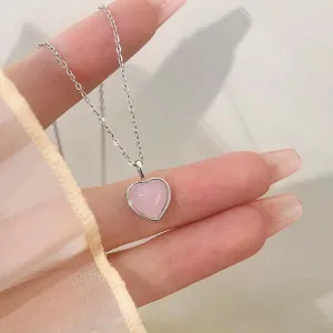 Sweet Silver Pink Opal Heart Necklace